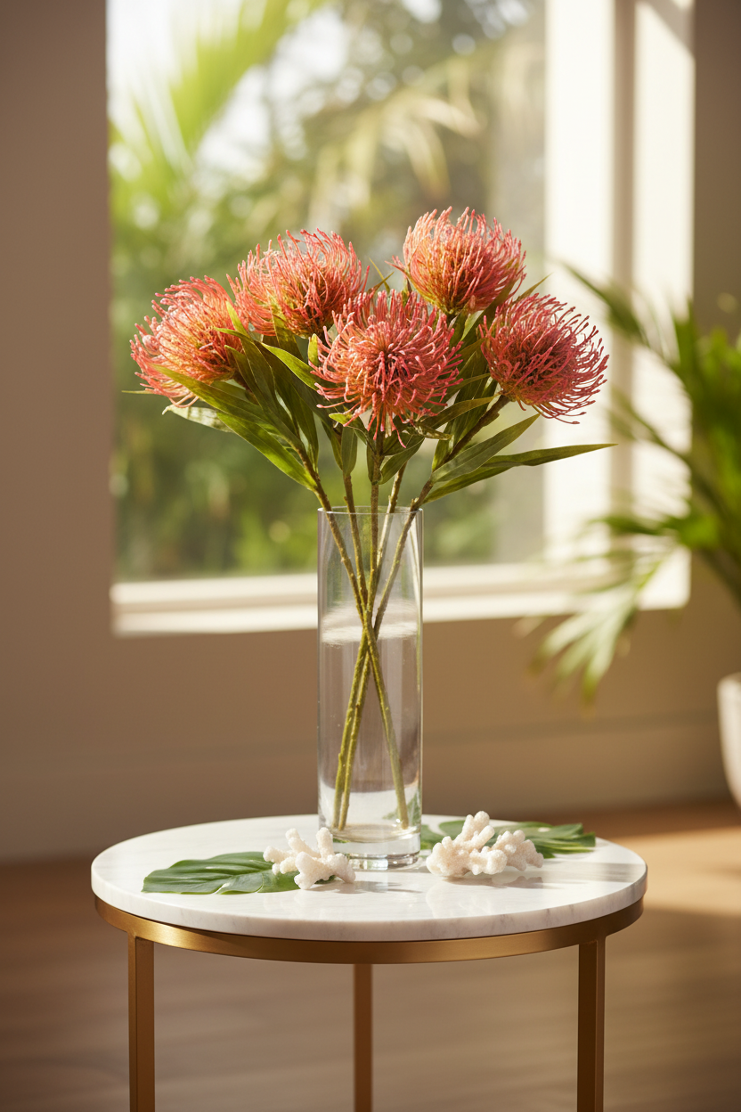 Pink coral pincushion protea stems in tall glass vase on modern side table, tropical accent decor