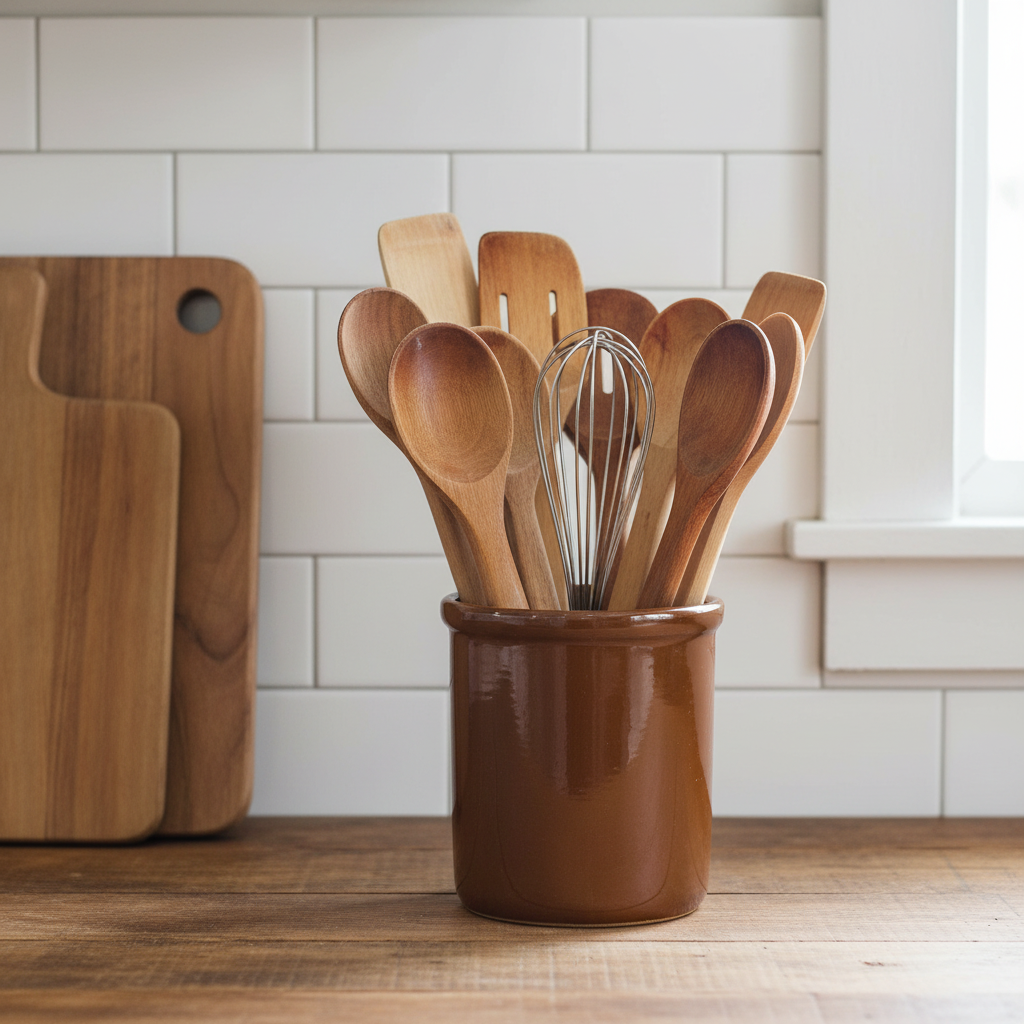 Small vintage Hall brown crock filled with wooden utensils on farmhouse kitchen counter with white subway tile