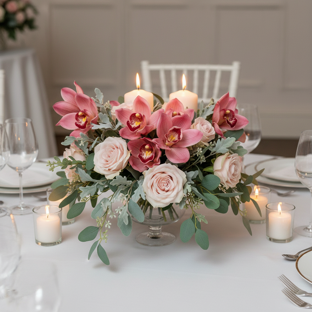 Artificial pink and burgundy Cymbidium orchid bouquet styled as a romantic wedding centerpiece with pink roses and eucalyptus on a white linen table