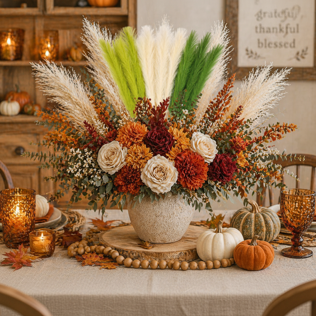 White and green faux pampas grass 16 stem bundle in full professional florist centerpiece with burnt orange and chocolate dahlias, deep green eucalyptus in round textured vase on wood slice