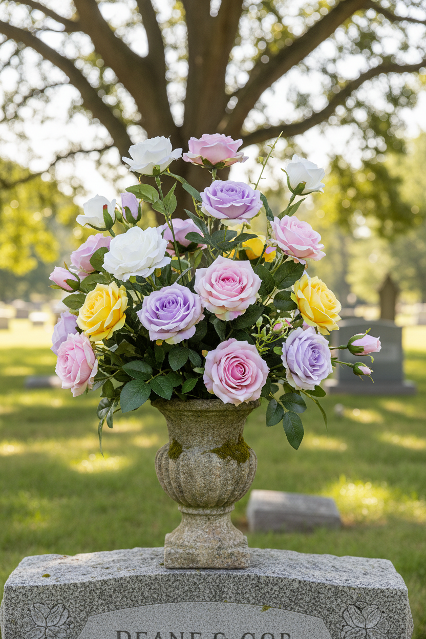 Faux white, lavender, pink, and yellow rose bud stems arranged in a memorial floral display near a memorial stone in a peaceful garden setting