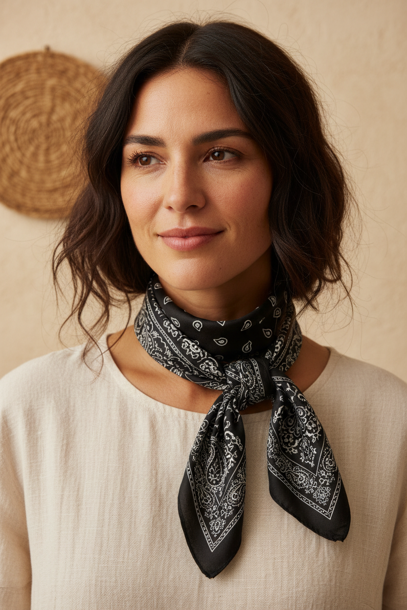 Woman with olive skin and dark wavy hair wearing black and white paisley square scarf tied loosely as a boho neck scarf with cream linen top