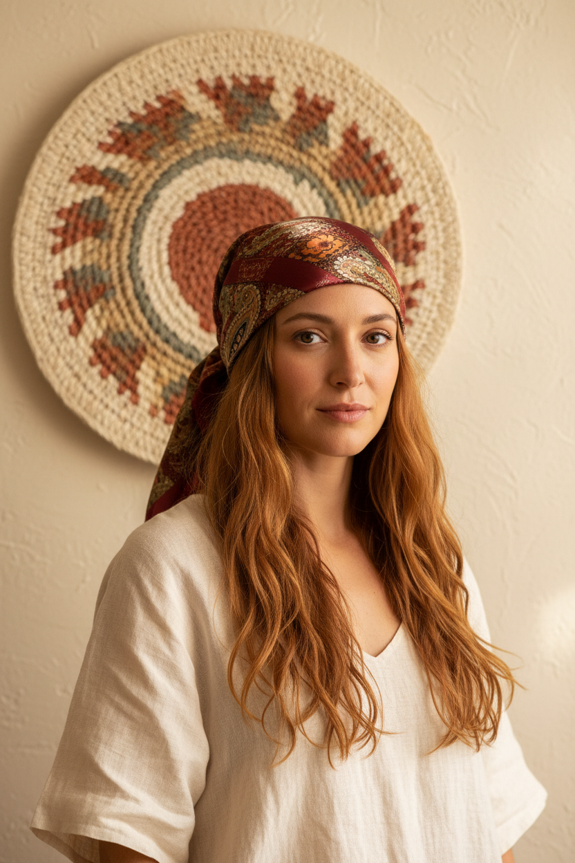 Woman with olive skin and auburn hair wearing burgundy paisley satin scarf as boho head wrap with cream linen top and woven wall art background