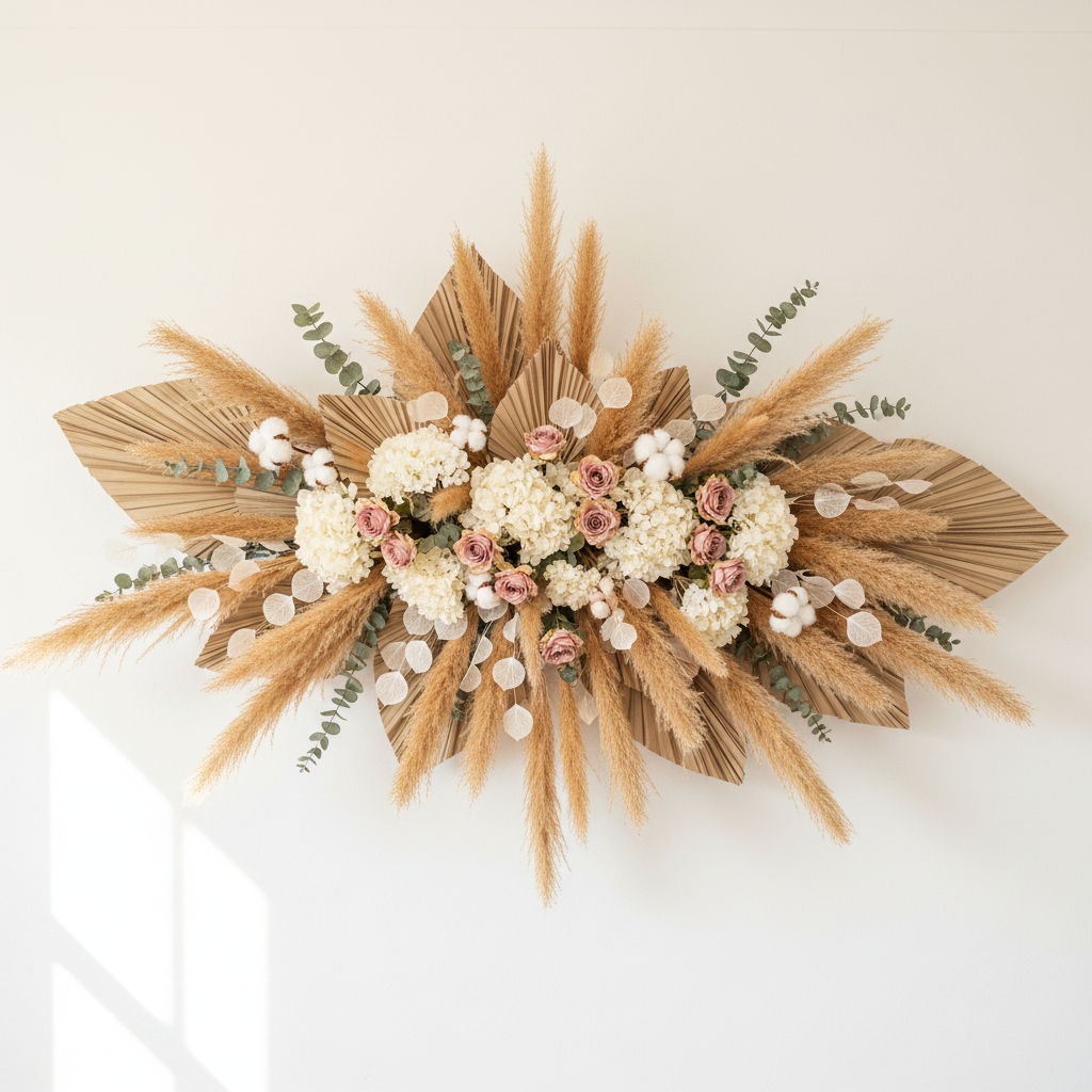 Caramel tan faux pampas grass stems styled in boho dried floral wall installation with fan palms, blush roses, white hydrangeas, cotton stems and eucalyptus on white wall