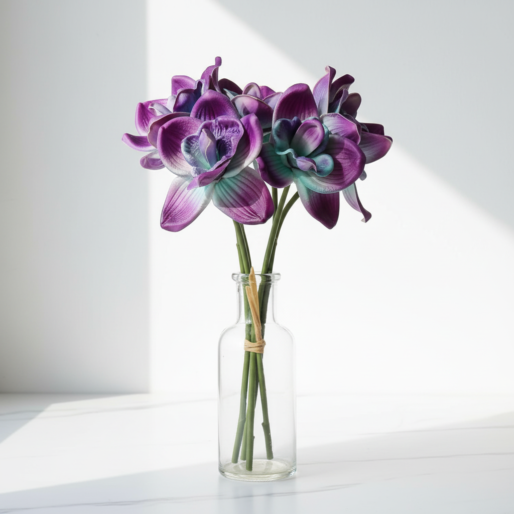 Artificial purple and teal orchid stems arranged in a clear glass vase on a white marble table for home decor
