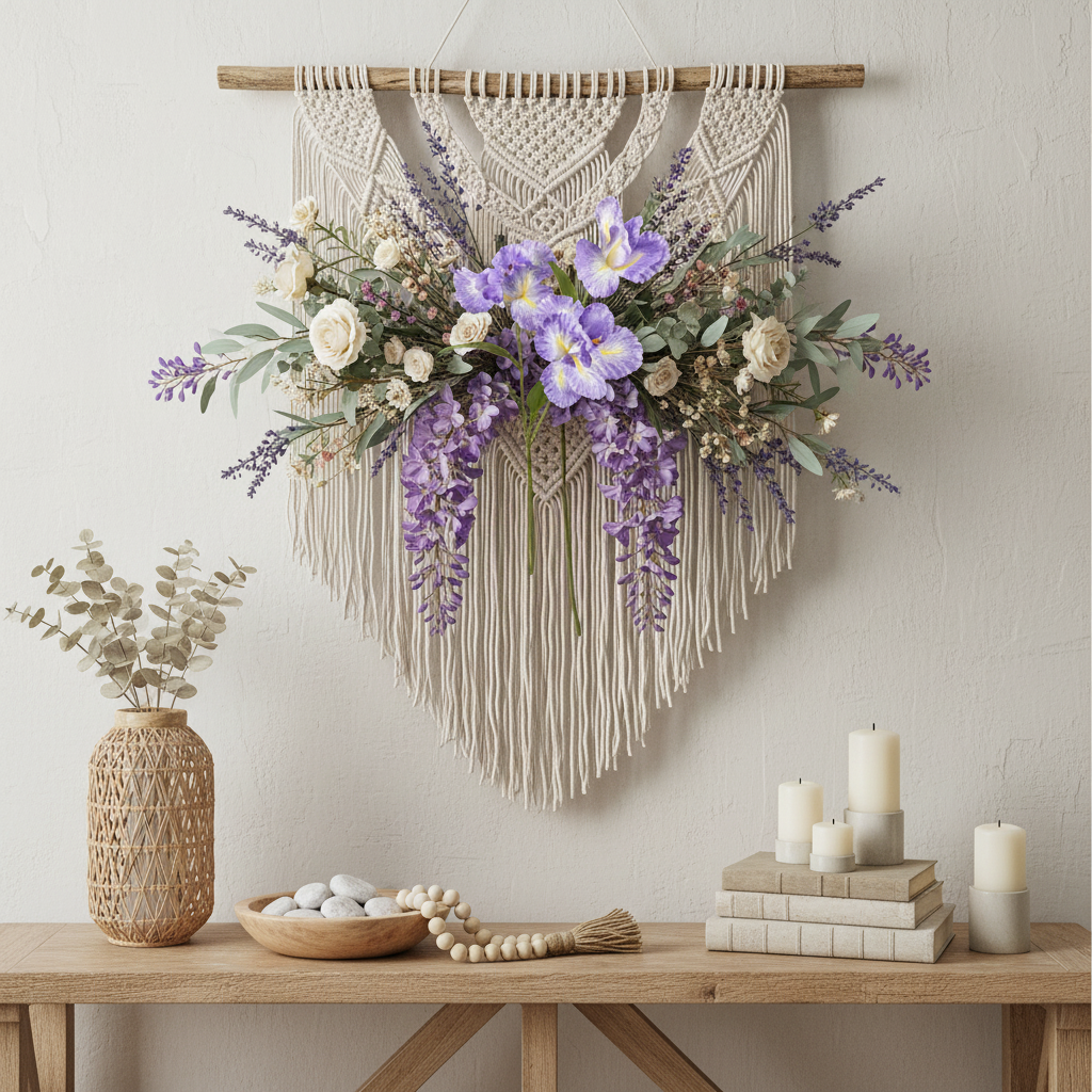 Faux lavender iris stem with ruffled blooms in a boho macramé wall hanging with lavender sprigs, purple wisteria, ivory roses and eucalyptus, console table with candles below