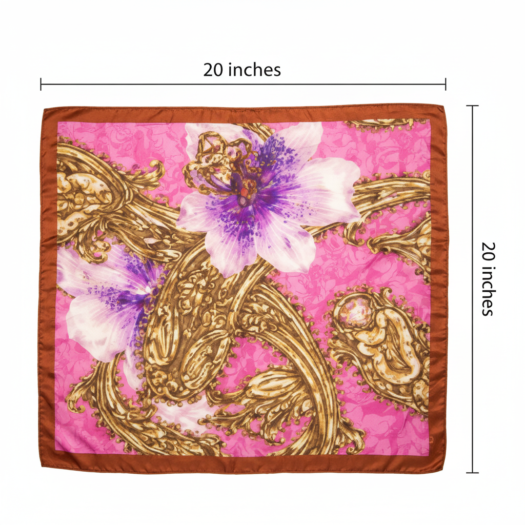Pink Floral Satin Scarf Measurement Diagram 20 x 20 Inches Square Dimensions
