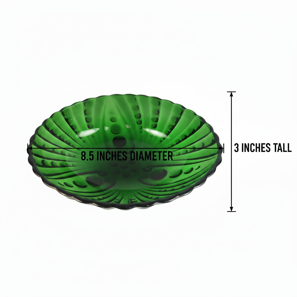 Measurement diagram of vintage Anchor Hocking green footed bowl showing 8.5 inches diameter and 3 inches tall dimensions, Burple pattern emerald glass serving dish
