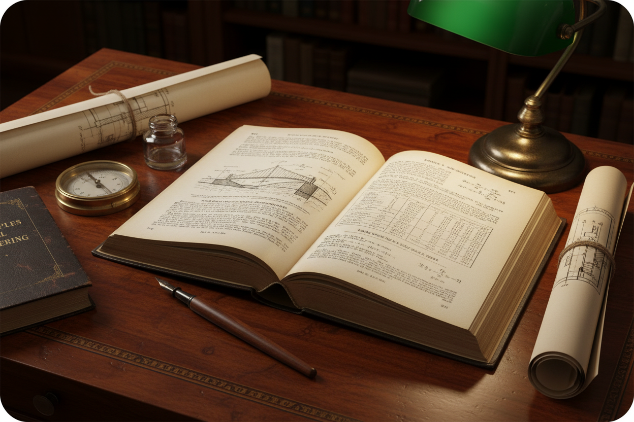 1935 ICS Civil Engineers Handbook antique hardcover book open on mahogany desk with engineering diagrams, brass compass, ink pen, and rolled blueprints