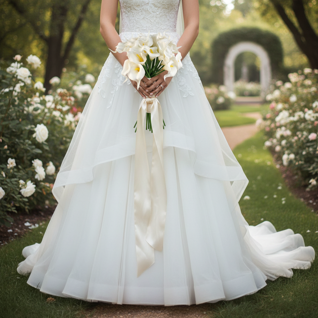 White artificial calla lily bridal bouquet tied with ivory silk ribbon against flowing wedding dress, outdoor garden setting