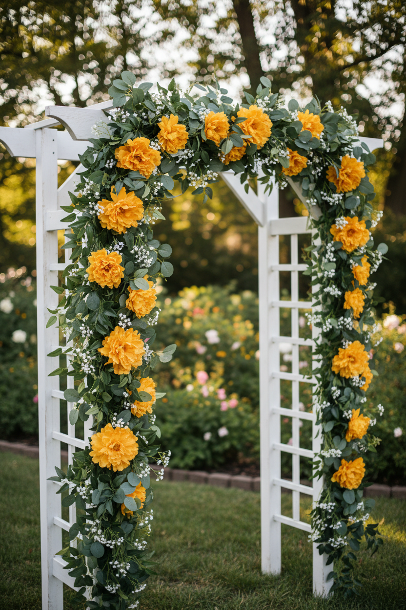 Golden yellow peony flower picks decorating a white wooden wedding arch with greenery and eucalyptus, romantic outdoor garden wedding setting