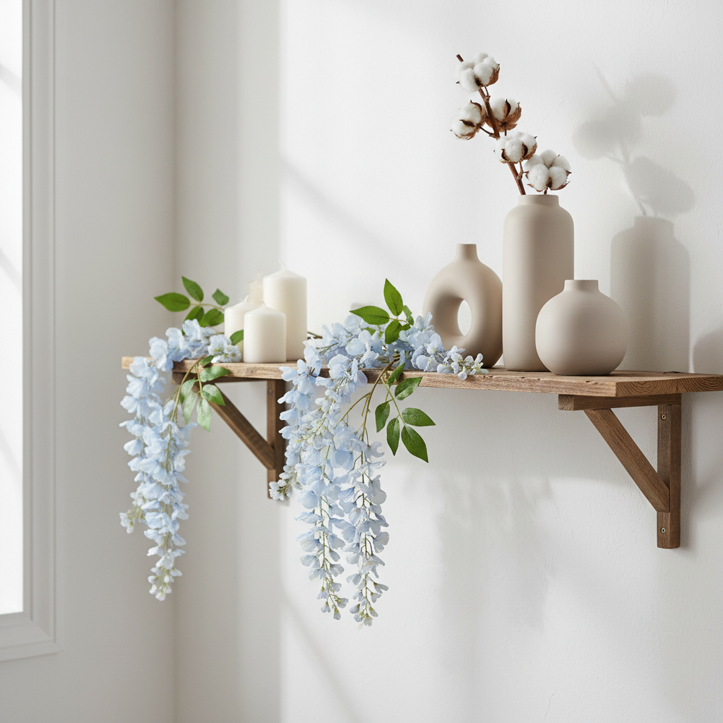 Artificial blue wisteria stem draped over a rustic wooden shelf with white candles, neutral ceramic vases, and cotton stems