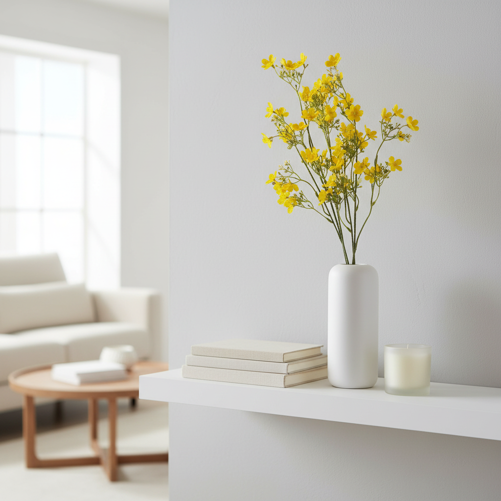 Artificial buttercup yellow dogwood stems in white ceramic vase on modern minimalist living room shelf with books and candle