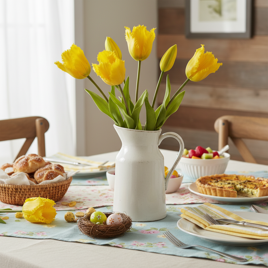 Yellow artificial tulips in white ceramic pitcher - Easter brunch table centerpiece