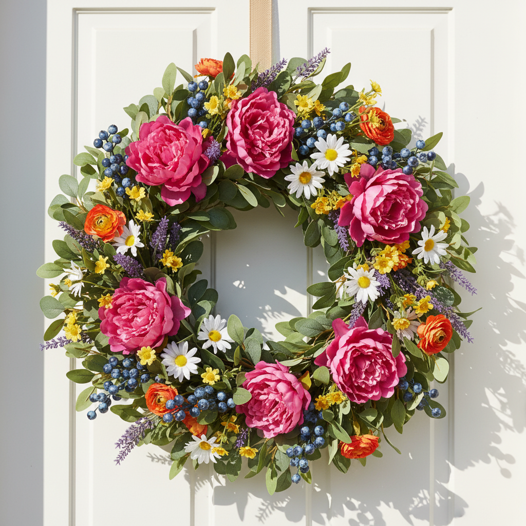 Colorful seasonal front door wreath featuring artificial blueberry stems mixed with pink peonies, yellow wildflowers, purple lavender, and eucalyptus in a florist-styled arrangement
