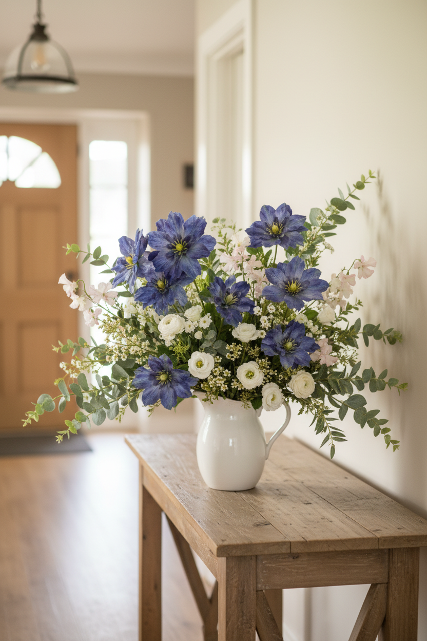 Two cobalt blue-purple clematis artificial flower stems arranged in a white ceramic pitcher on a cottage entryway console, wide relaxed florist arrangement with white waxflower, lisianthus, and eucalyptus arcing to the sides