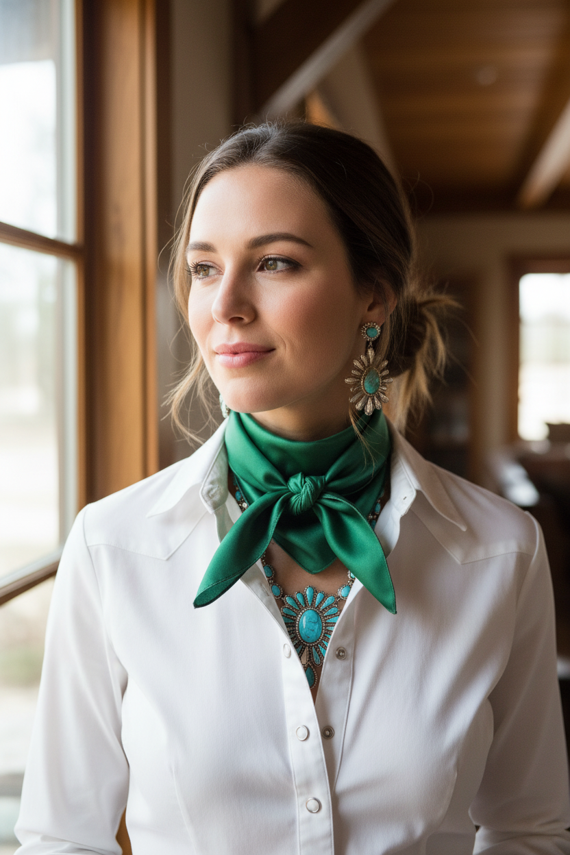 Close-up of green satin wild rag scarf tied around neck with white western shirt and turquoise jewelry