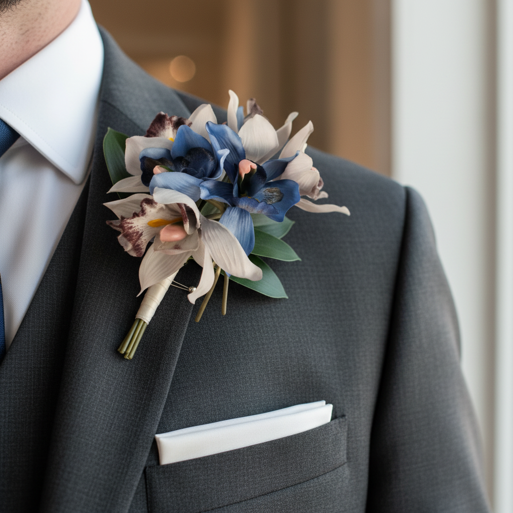 Groom's blue and ivory Cymbidium orchid boutonniere pinned on charcoal gray suit jacket lapel with white pocket square