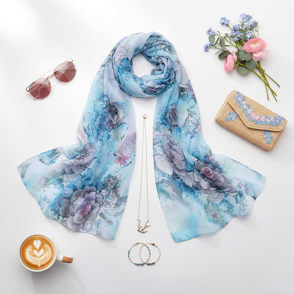 Styled flat lay of blue floral bird scarf with spring accessories on white background
