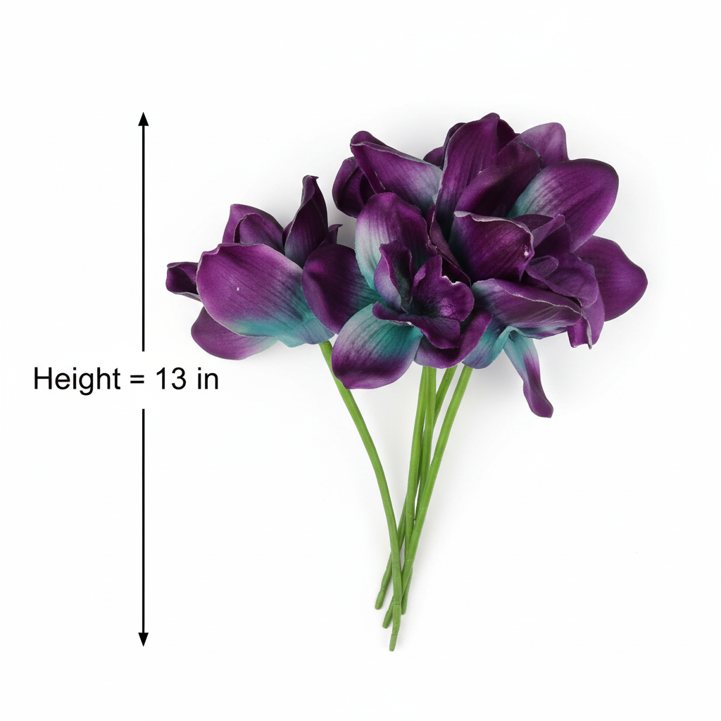 Measurement diagram of artificial purple teal orchid bouquet showing 13 inch height