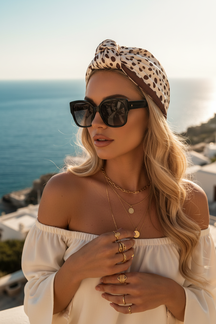 Glamorous woman with blonde hair wearing cream brown leopard print satin square scarf as head wrap black sunglasses cream off-shoulder top gold jewelry Mediterranean coastal background 20x20