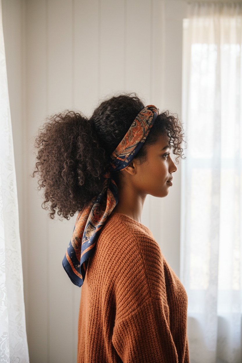 Woman wearing navy rust paisley scarf as ponytail tie with rust sweater in cottagecore shiplap setting