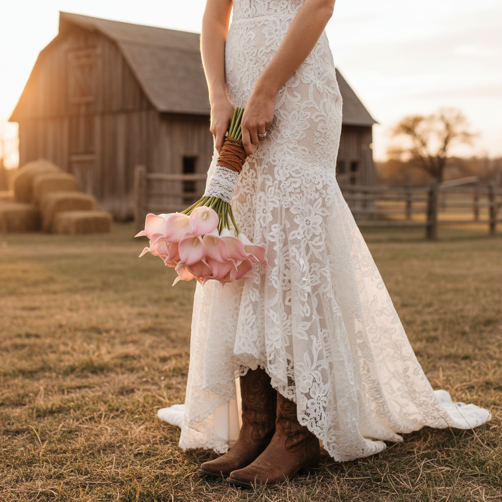 Compact western bridal bouquet with blush pink faux calla lily stems, leather and lace wrap, outdoor ranch wedding golden hour