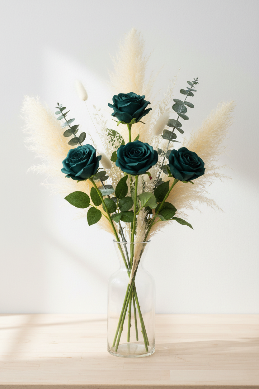 Set of 6 dark teal green peacock artificial rose stems arranged in clear glass vase with pampas grass and eucalyptus on light wood surface boho aesthetic