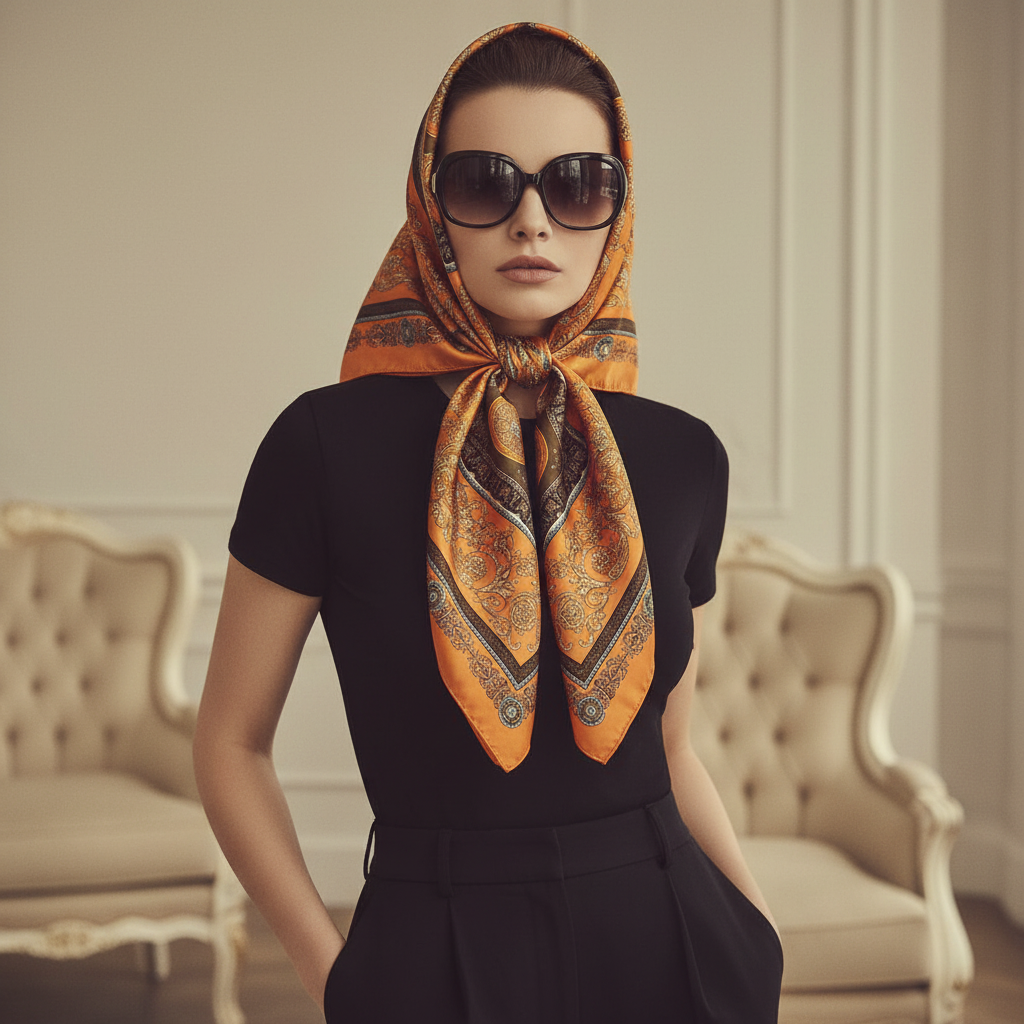 Woman wearing orange and gold Baroque satin square scarf as a headscarf with oversized sunglasses – Vintage Glamour style