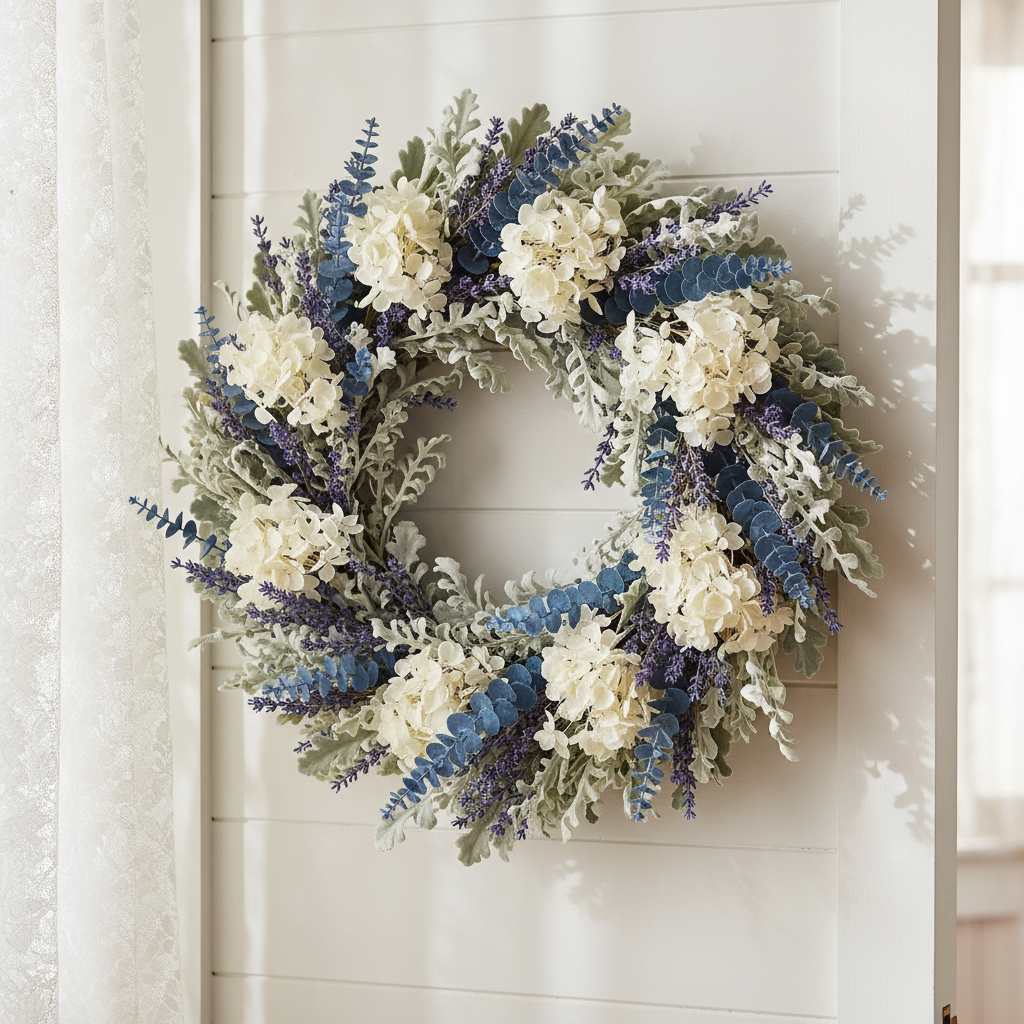 Dusty French blue eucalyptus stems woven into a full cottagecore wreath with white hydrangeas, lavender, and dusty miller on a white shiplap door