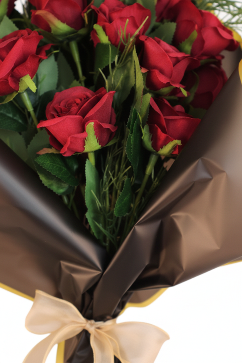 Close-up detail of dark red artificial silk rose petals showing realistic texture and quality, elegant black and gold gift wrapping visible