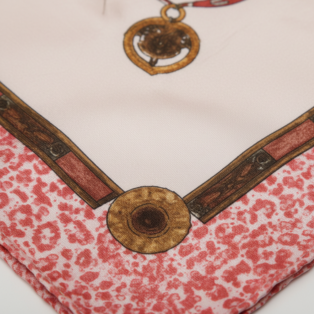 Close-up detail of pink medallion satin scarf showing ornate pattern and fabric texture