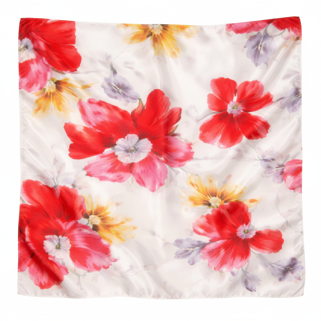 Red Floral Satin Scarf 20x20 Scarlet Watercolor Bloom Square Scarf with Pink Yellow Lavender Flowers on White Background