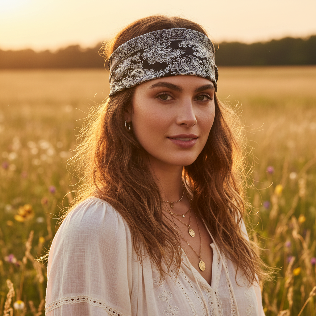 Woman wearing black and white paisley satin square scarf tied as a headband headscarf boho style
