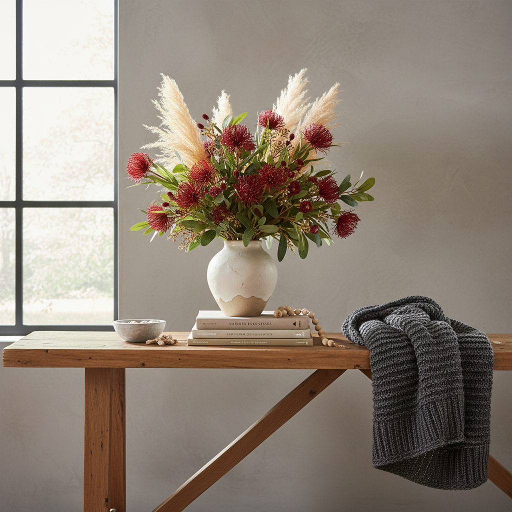 Burgundy artificial protea flowers in ceramic vase on wooden console table with natural light and cozy home decor styling