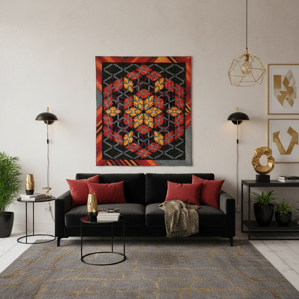 Dramatic Bears Paw quilt with red gold black medallion pattern on wall in modern eclectic living room - bold home decor