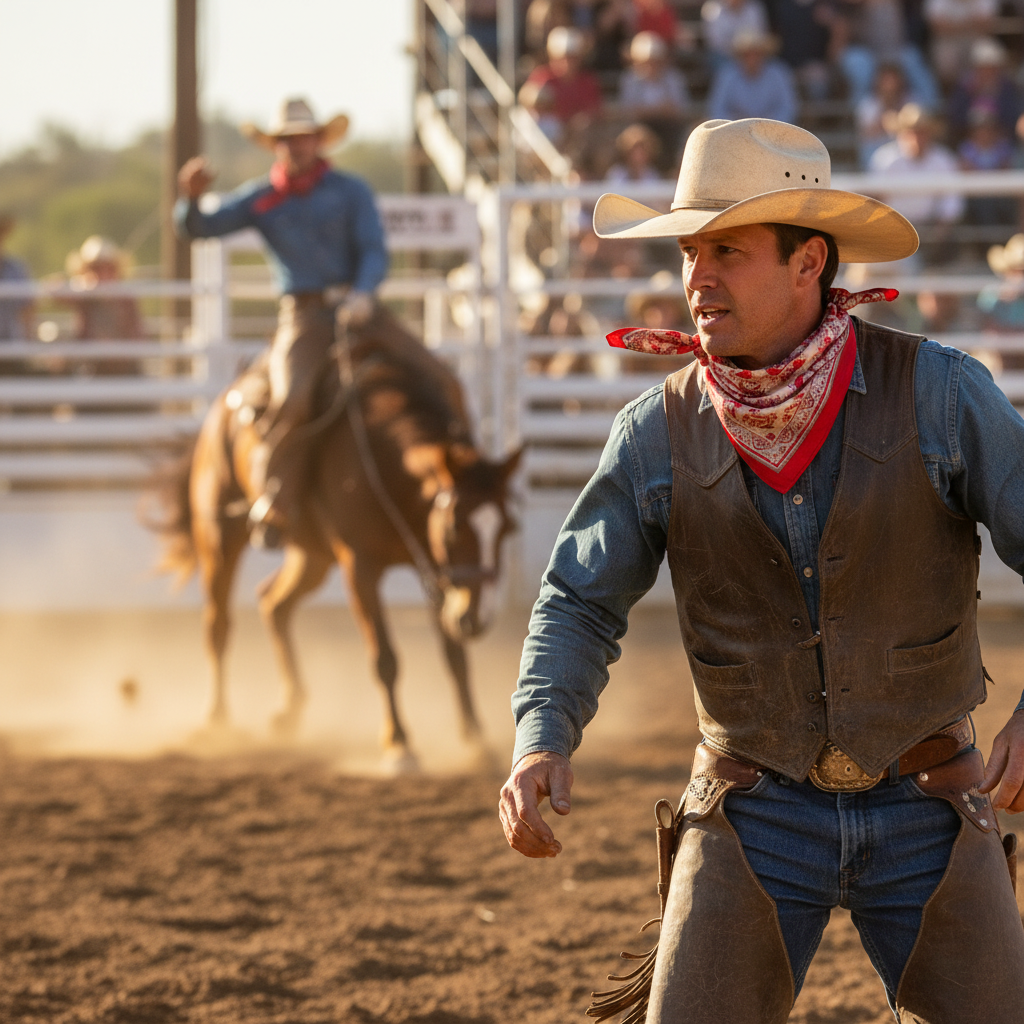 Cowboy wearing red paisley satin wild rag scarf at rodeo western outfit cowboy hat and boots