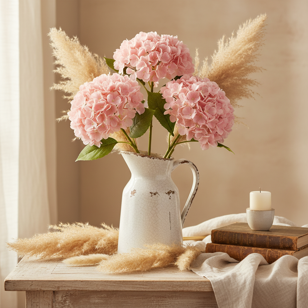 Blush pink hydrangea stems in rustic white ceramic pitcher on weathered wood table boho cottage decor with pampas grass and candle