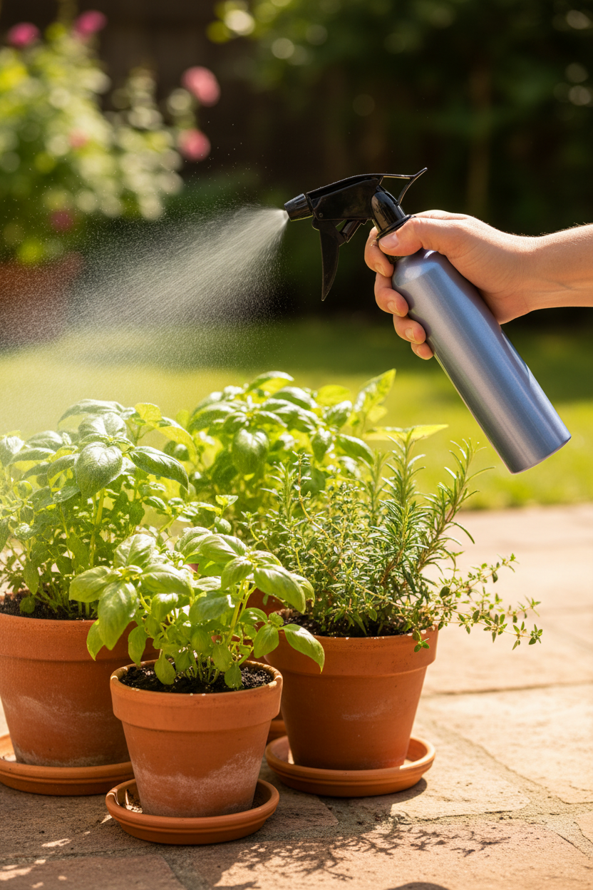 Metallic blue aluminum spray bottle misting fresh herbs in terracotta pots on sunny outdoor patio