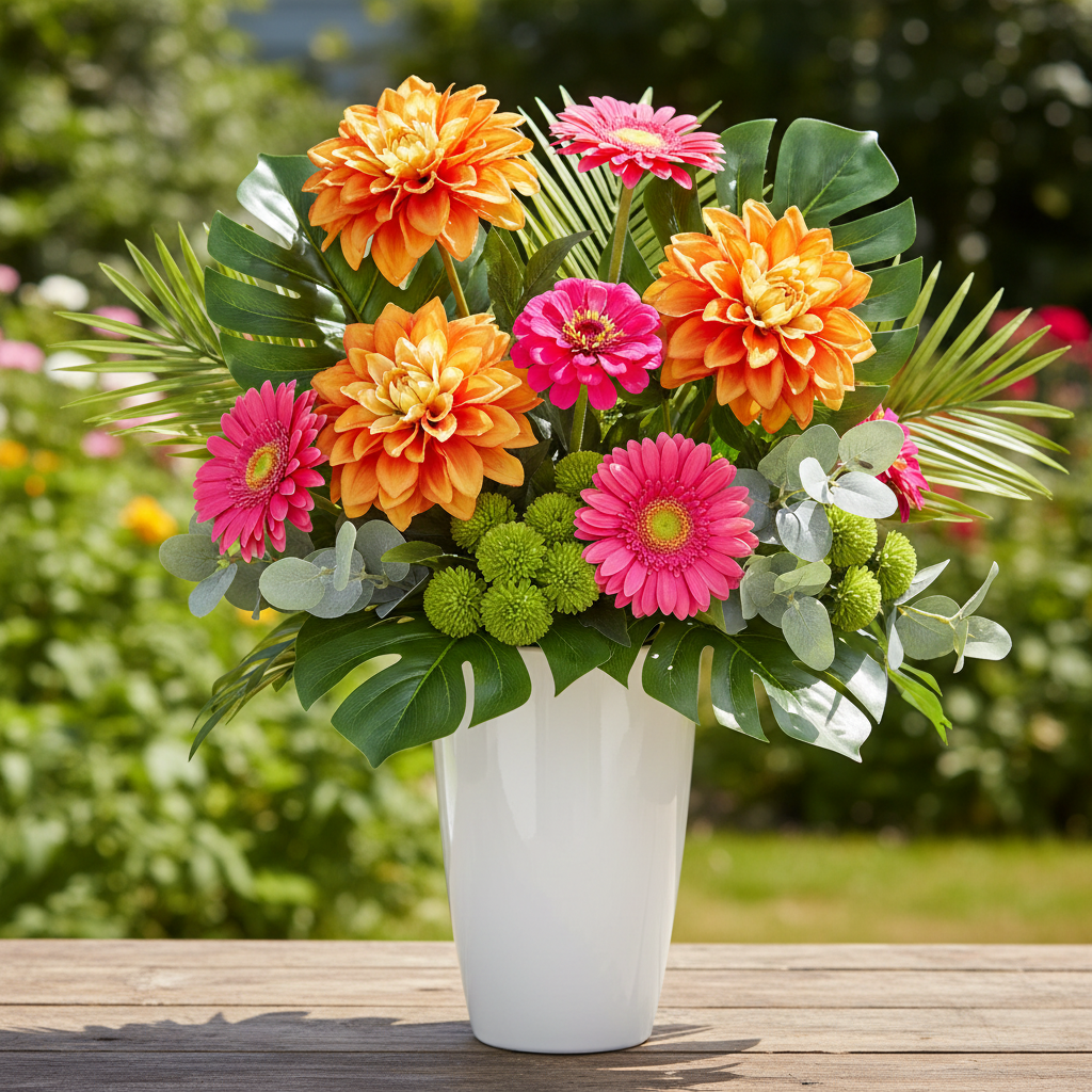 Vibrant summer floral arrangement with orange dahlia stems, hot pink gerbera daisies, bright zinnias and lime green button mums