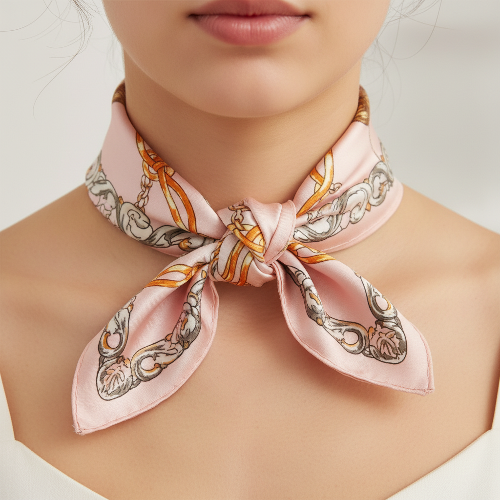 Close-up detail of pink chain print satin scarf tied in French knot showing smooth satin texture