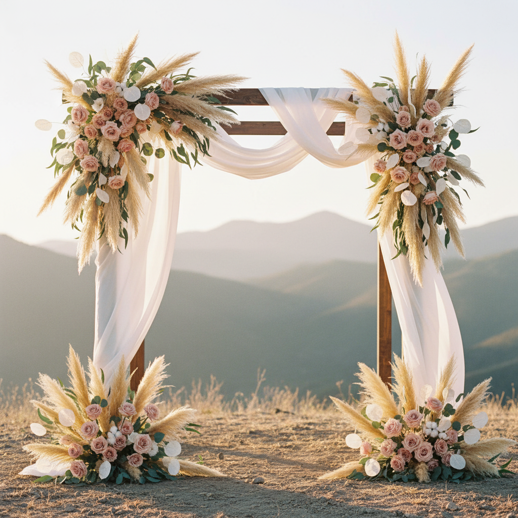 Wheat beige faux pampas grass stems in professional boho wedding arch arrangement with blush ranunculus, lunaria and eucalyptus