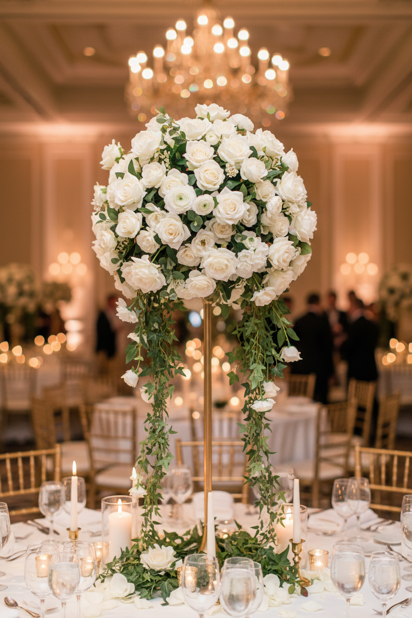 White styrofoam foam dome covered in white and cream roses with trailing eucalyptus greenery on a tall gold column pedestal stand at a luxury wedding ballroom reception