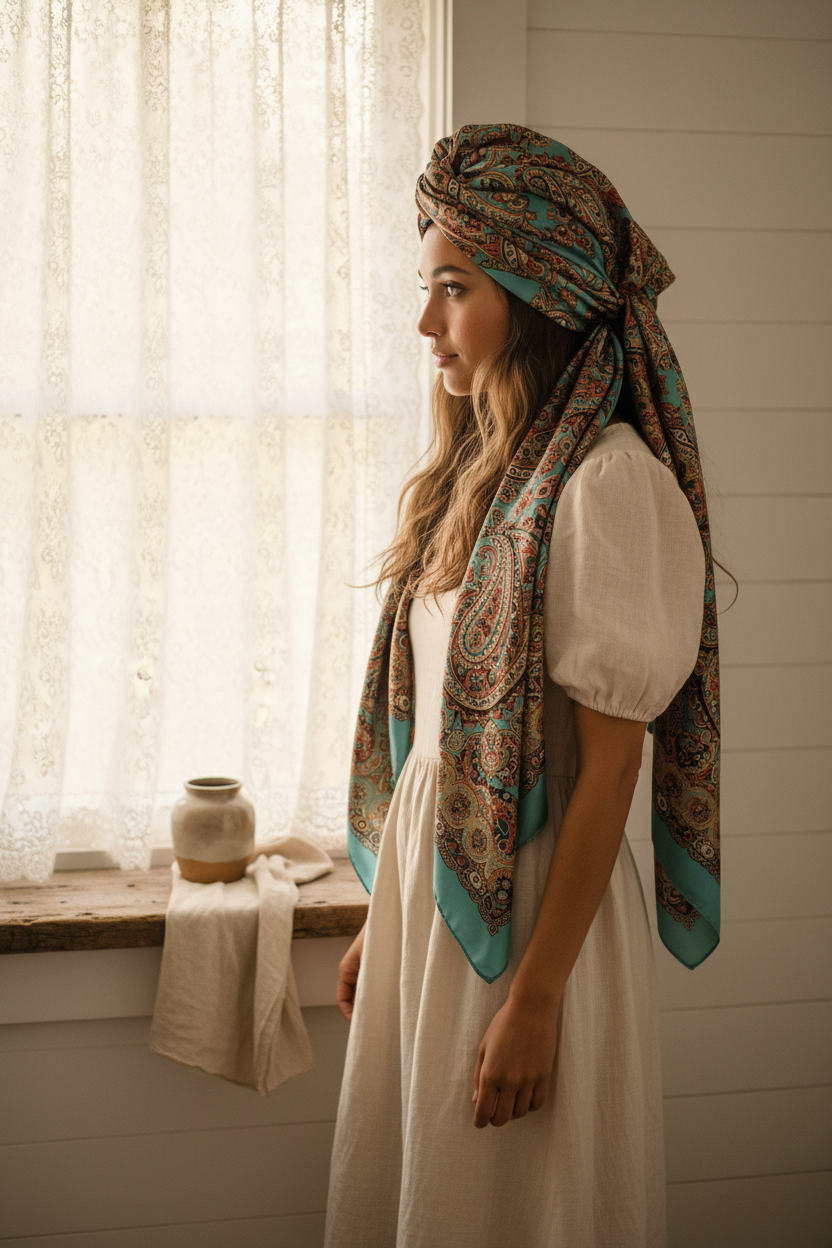 Woman with olive skin wearing teal rust paisley satin scarf as head wrap over cream linen dress, white shiplap wall with lace curtain window