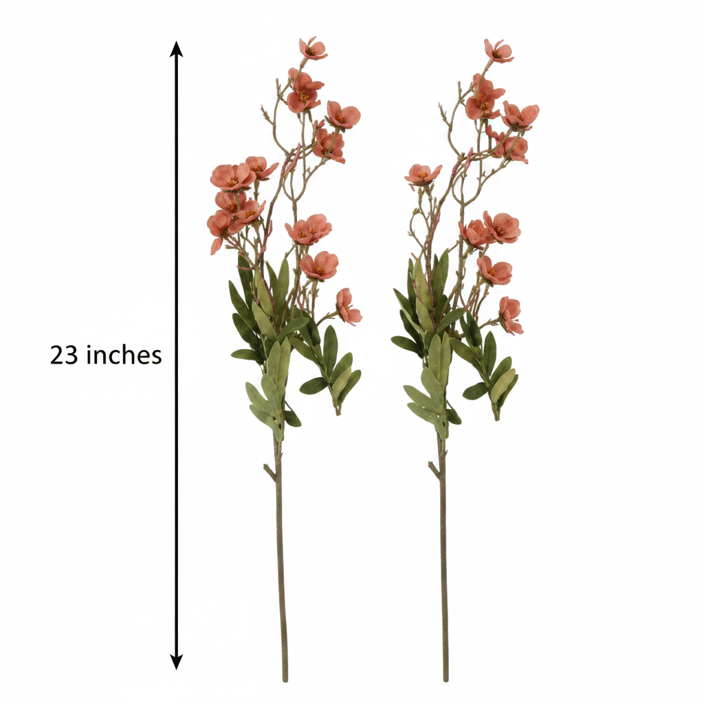 Flat lay measurement diagram of 2 faux dusty rose mauve dogwood flower stems on white background with 23 inches height arrow