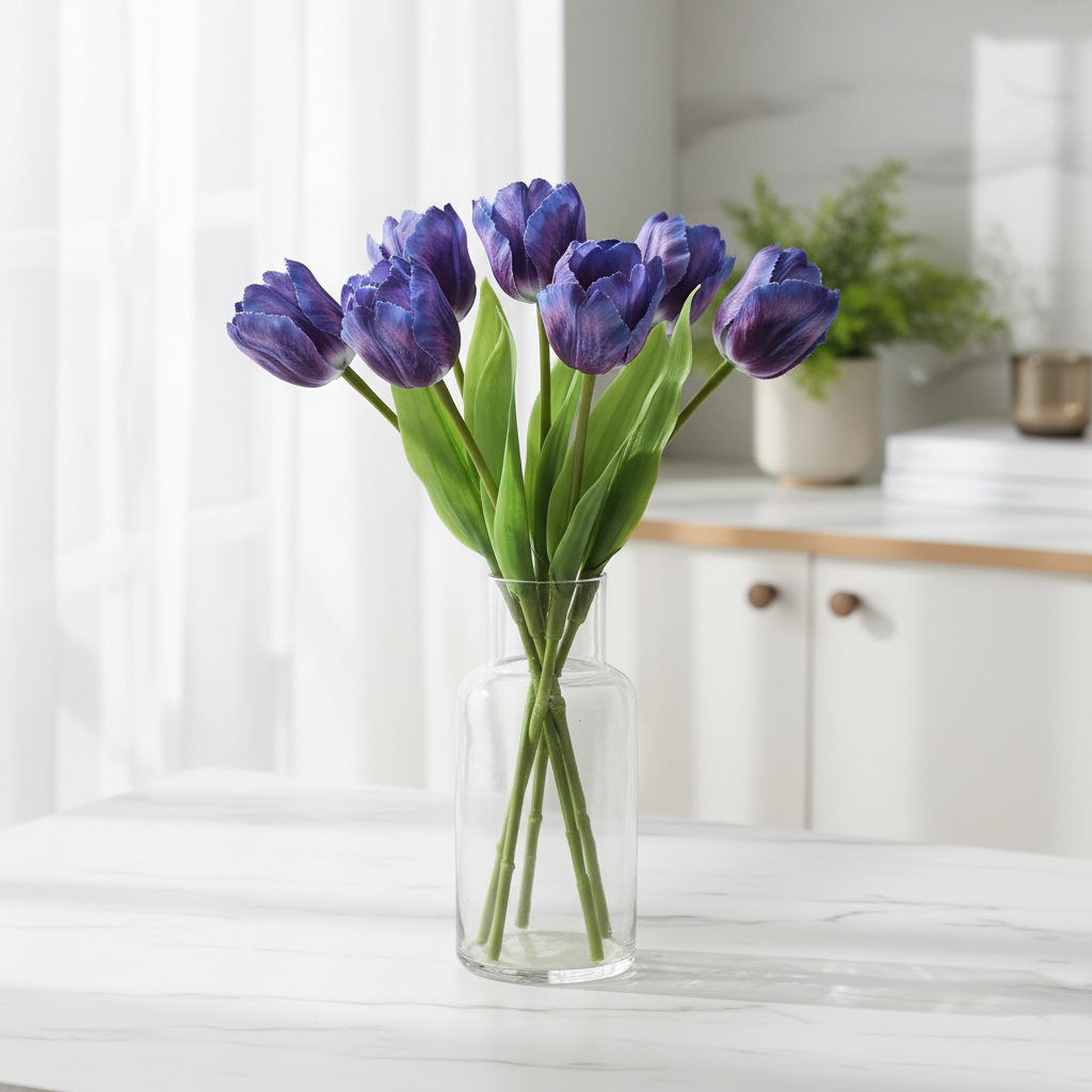 Artificial purple gradient tulip bouquet with 6 stems in clear glass vase on white marble counter, modern home decor lifestyle