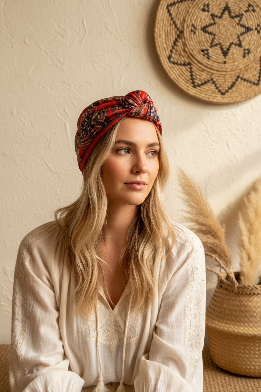 Orange red paisley square scarf worn as boho head wrap hair scarf on woman with blonde hair