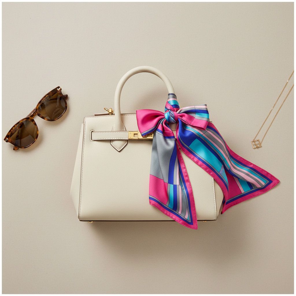 Pink stripe satin scarf tied to handbag handle as purse accent accessory