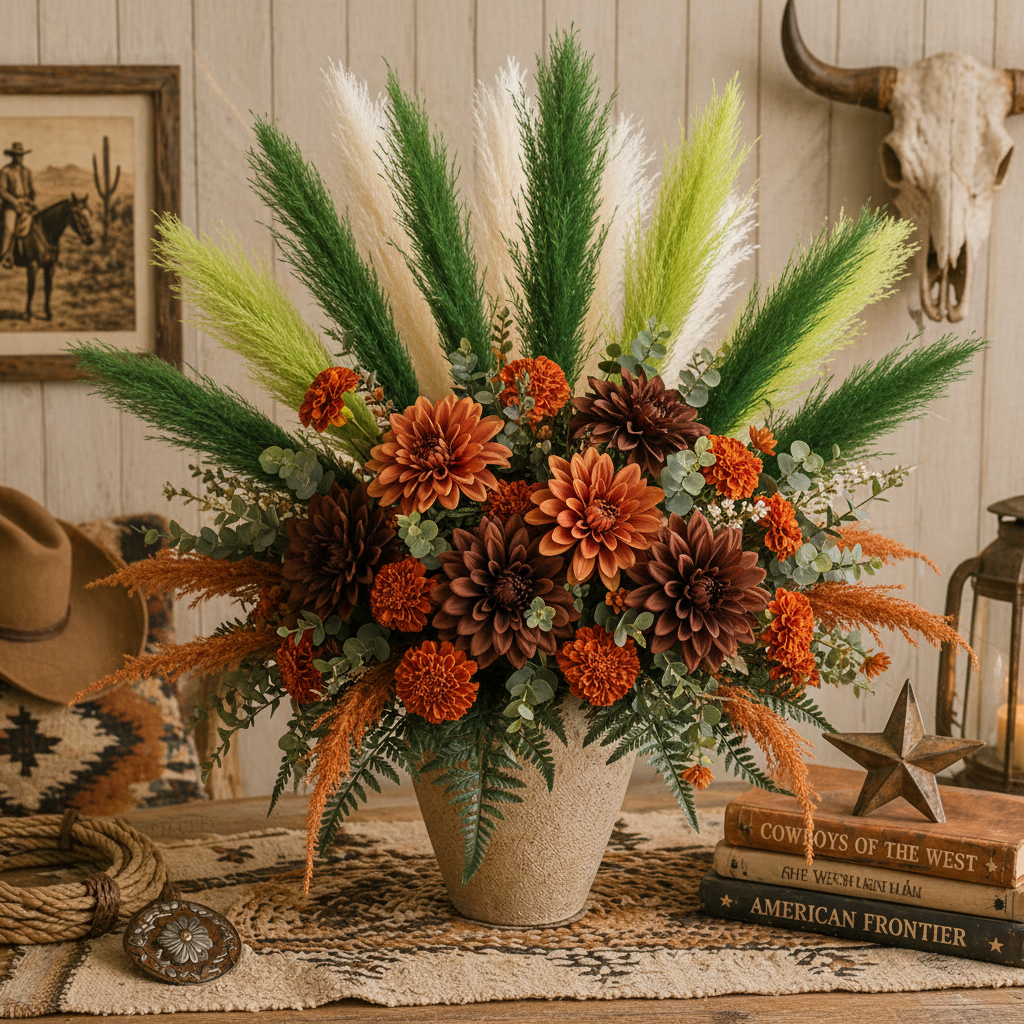 White and green faux pampas grass 16 stem bundle in dramatic western vase arrangement with chocolate dahlias, burnt orange marigolds, rust flowers and deep green eucalyptus with cowboy hat and rope