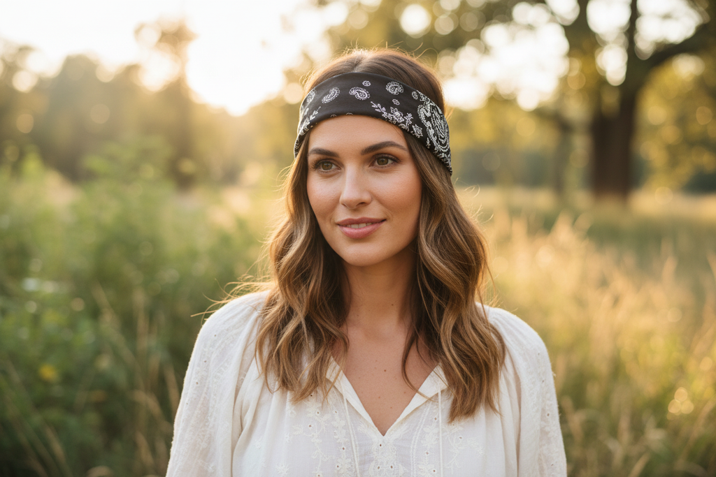 Black paisley bandana styled as boho head wrap showing versatile hair accessory styling option